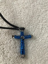 Horse Shoe Nail Cross Blue Necklace 1.75 inches