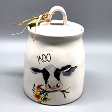 Rae Dunn Farmline MOO Cow With Daisy Flowers Canister Spring Farmhouse 7" NEW