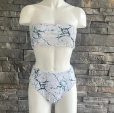 Zaful Marble Print High Waisted Bandeau Bikini Set Size 4