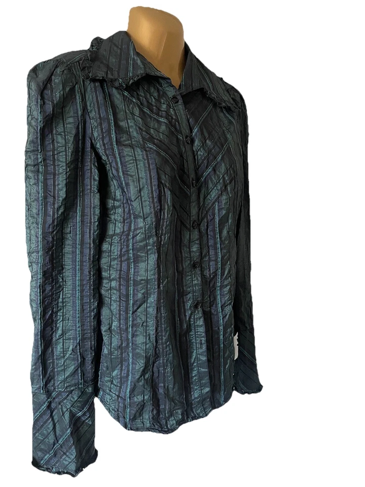 Bebe Slate Blue Metallic Striped Button Ruffle Blouse Shirt Flare USA Made Sz M - Image 2 of 4