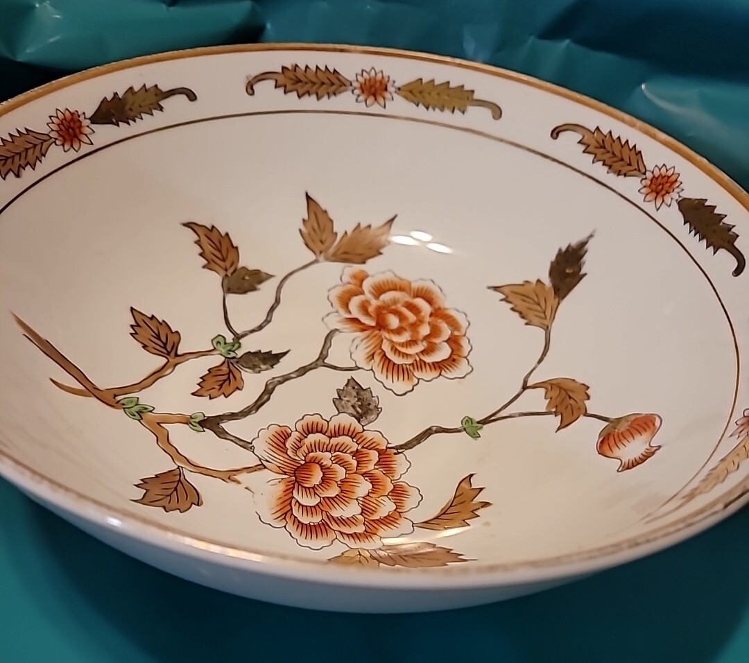 花鳥19 Seto Porcelain Bowl Orange Flowers Gold Trim Japanese 19th