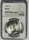 1935 PEACE DOLLAR NGC MS 64 / SHARP WHITE COIN