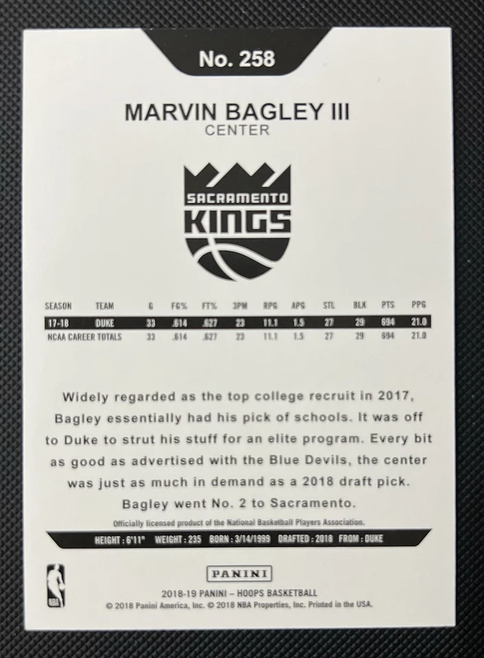 2018-19 Panini NBA Hoops - Marvin Bagley III #258 Artist Proof /25 (RC) - Image 2 of 2