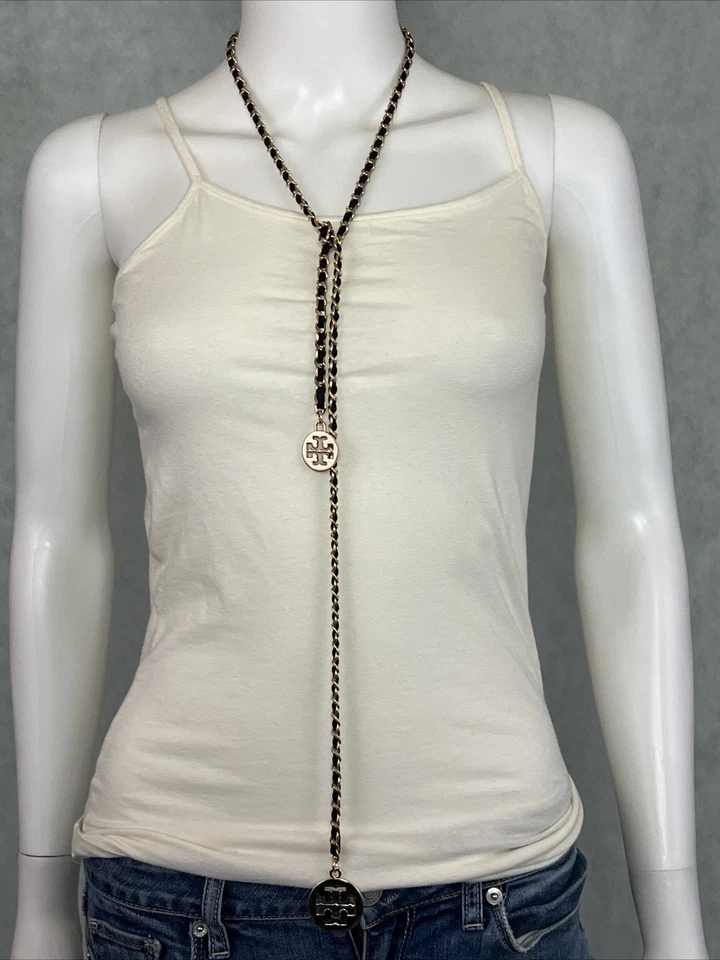 Tory Burch Oro Negro Cadena Logo Medallón Cinturón Collar Envolvente Cadena Mujeres Foto 2 de 4