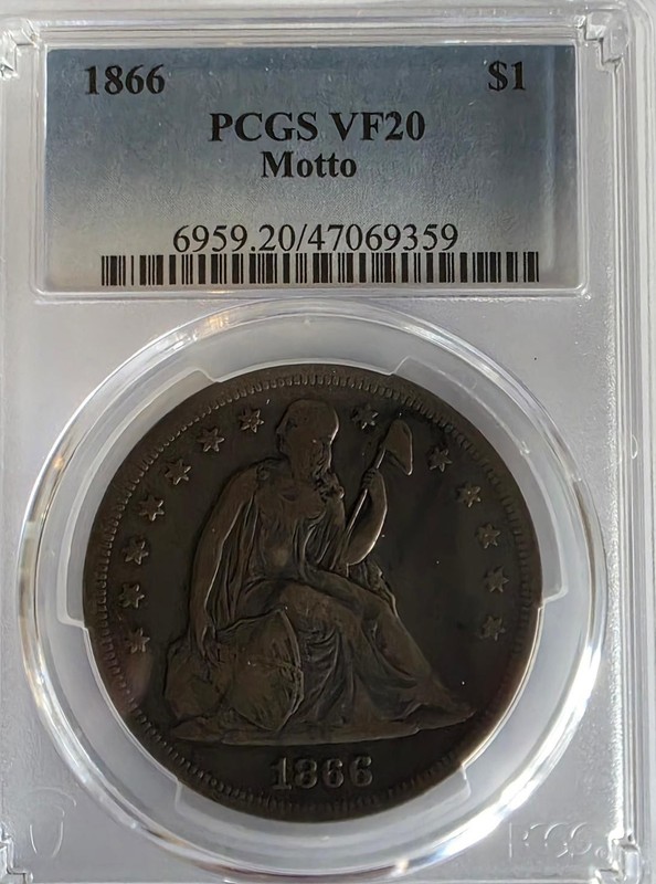 1866 seated liberty dollar Motto $1. PCGS VF20