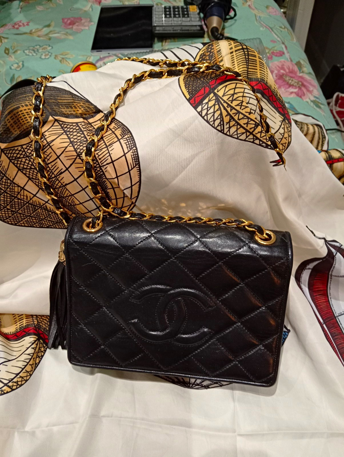 CHANEL Bag Black Quilted Leather Gold Chain Tassel Zip Brand Card