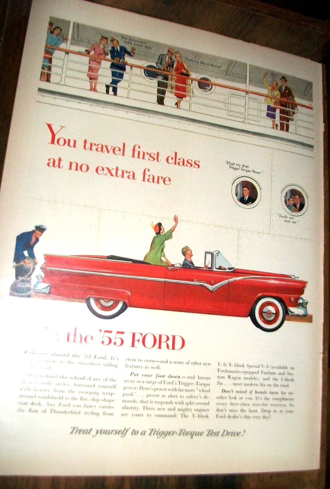 1955 Ford  2-dr convertible Sunliner large-mag car ad -"travel 1st class"