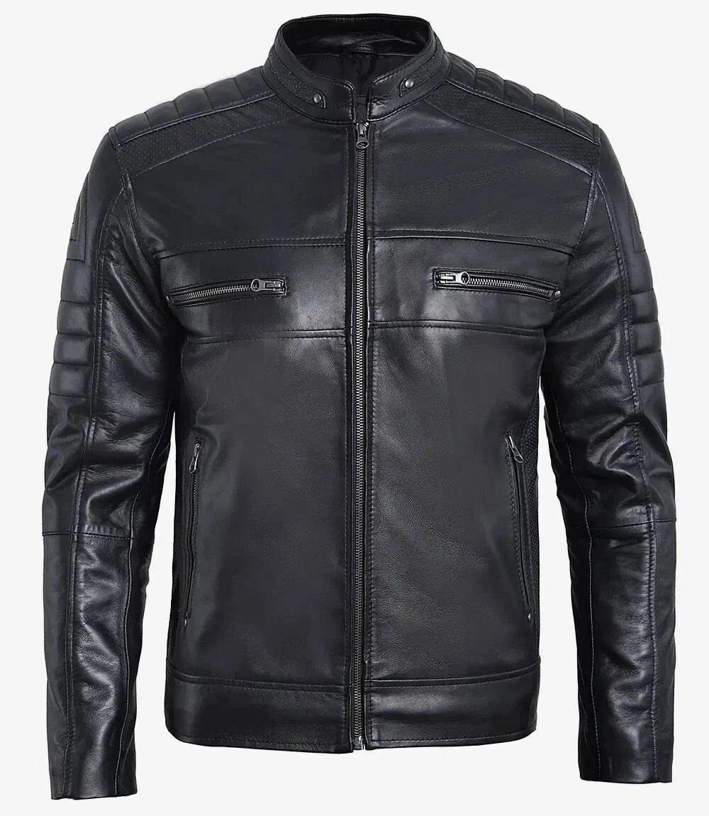 Men’s Genuine Lambskin Black Leather Motorcycle Biker Cafe Racer Jacket