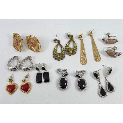Vintage Costume Earring Lot 9 Pairs Cameo Heart Rhinestone Dangle Clip On Post