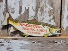 VINTAGE WINCHESTER PORCELAIN SIGN OLD FISHING TACKLE LURES SOLD HERE TROUT FISH