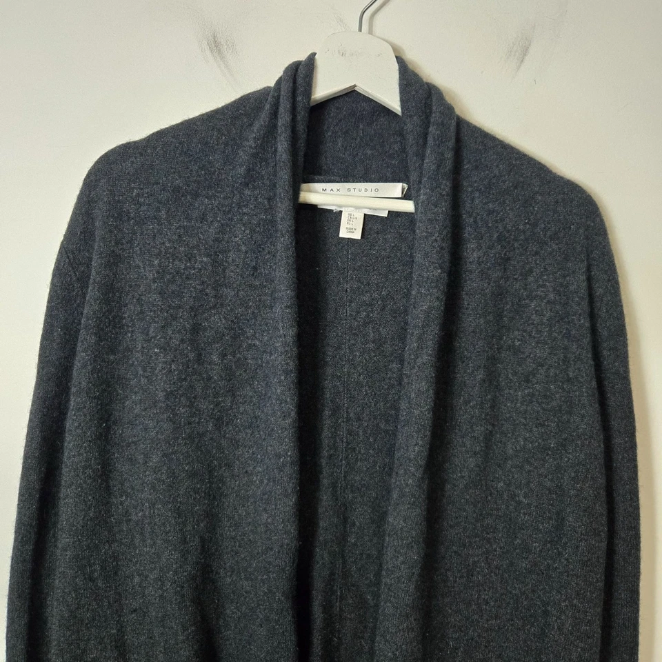 Max Studio Size L 100% 2 Ply Cashmere Charcoal Grey Open Front Cardigan Sweater - Image 3 of 4