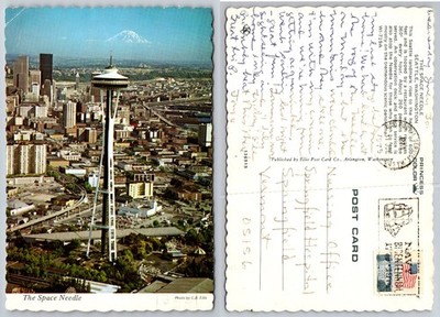 1975 Seattle Space Needle Postcard Mount Rainier Cityscape Burlington VT