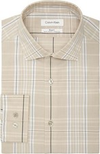 Calvin Klein Men's Dress Shirt Non Iron Stretch Slim Fit Check Taupe 15.5 34/35