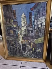 Vintage MCM Abstract Landscape Architectural Oil Painting Mid Century 60s Signed