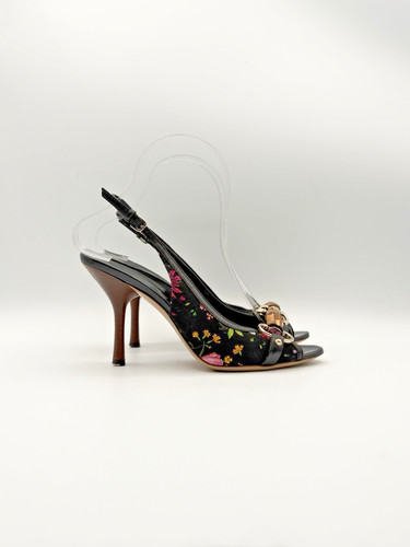 Gucci Black Floral Print Slingback Heels Bamboo Horsebit Accent Size EU 35.5