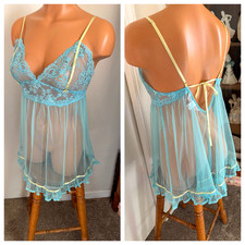 VTG Y2K VICTORIA'S SECRET BLUE CHIFFON W/ LACE NYLON BABYDOLL NIGHTGOWN SZ M