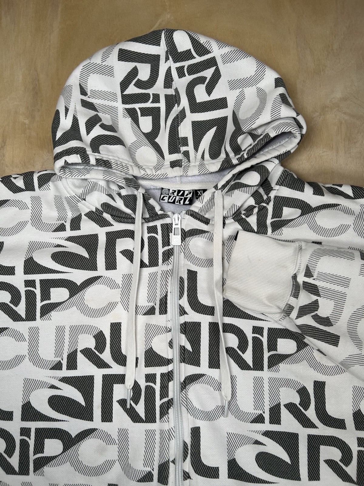 Rip Curl Full Zip Up Hoodie Y2K All Over Black And White Logo Print Pockets XL