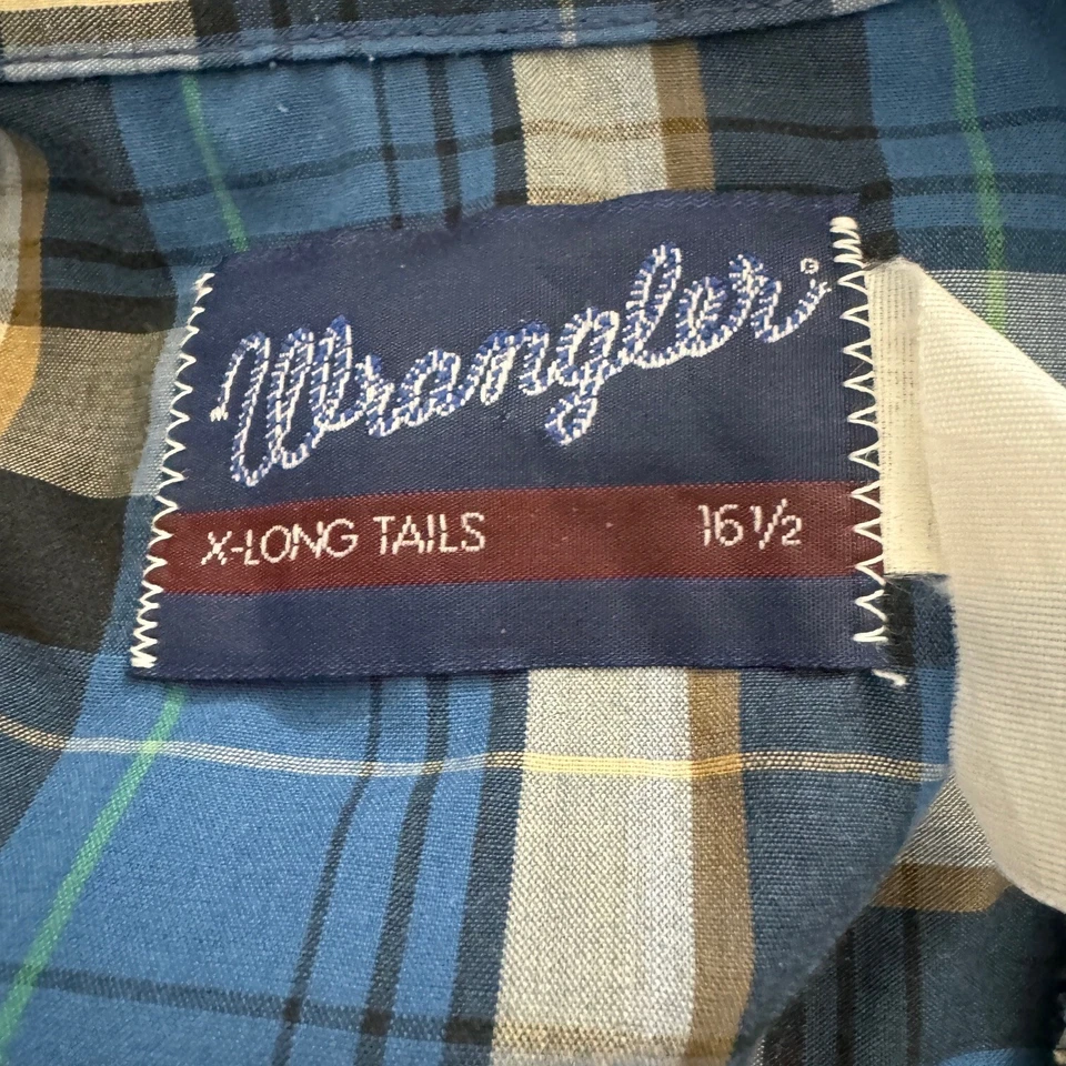 90s Wrangler Mens Pearl Snap Shirt X Long Tails Cowboy Size XL Blu Plaid Western - Image 3 of 4