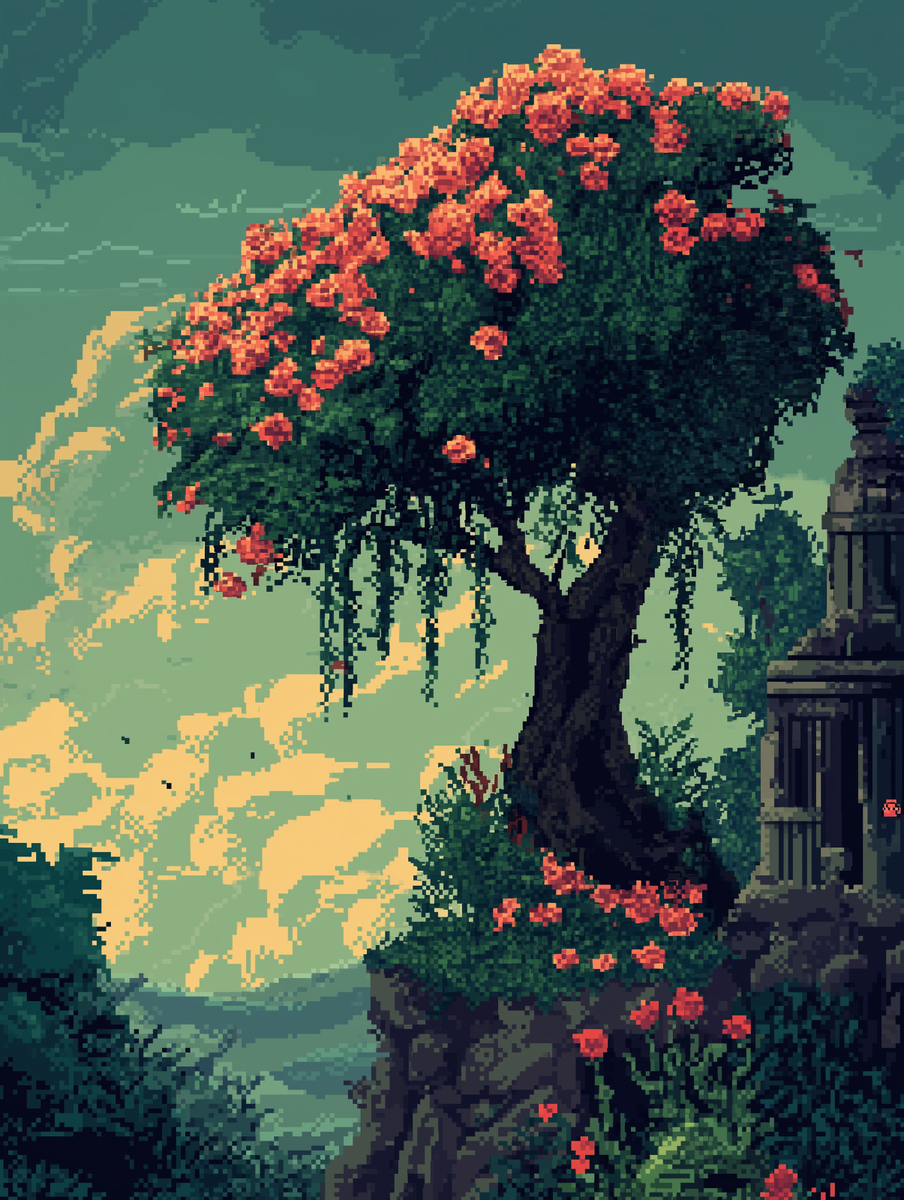 Pixel Art Tree with Flowers on Cliff at Sunset Poster 18x24in | eBay