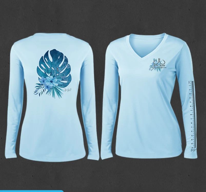 Ladies ICE BLUE V-Neck Tropical Flowers Performance Fishing Shirts