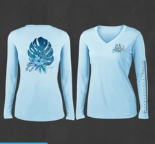 Ladies ICE BLUE V-Neck Tropical Flowers Performance Fishing Shirts  