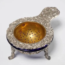 Vintage Pewter Cobalt Blue Glass Brass Tea Strainer Steeper 3pc Set Germany