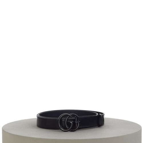 Cinturón delgado para hombre GUCCI 480$ en cuero negro con hebilla negra GG Marmont - Imagen 5 de 7