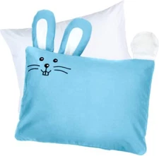 kinder Fluff Toddler Pillow & 13x18 in, White & Blue Bunny Pillowcase 