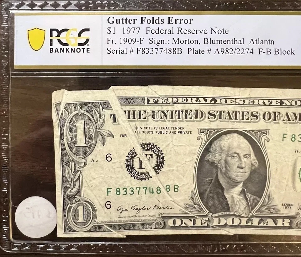 1977 $1 Gutter Fold Error Note PCGS VF25 FR 1909-F Morton-Blumenthal - Image 3 of 4