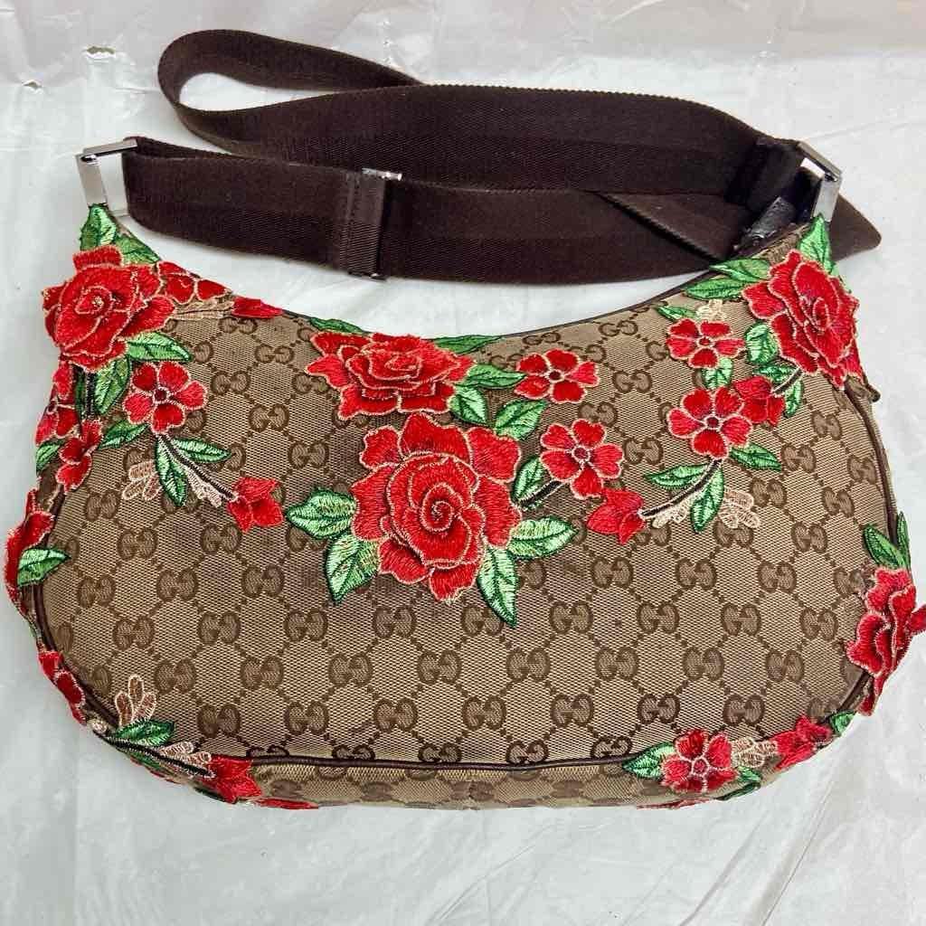 Vintage Gucci Brown Mono Red Floral Shoulder-Crossbody Bag