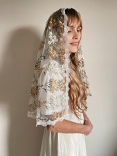 D Shape Embroidered Tulle Mantilla Veils Church Catholic Head Covering Gold Edge