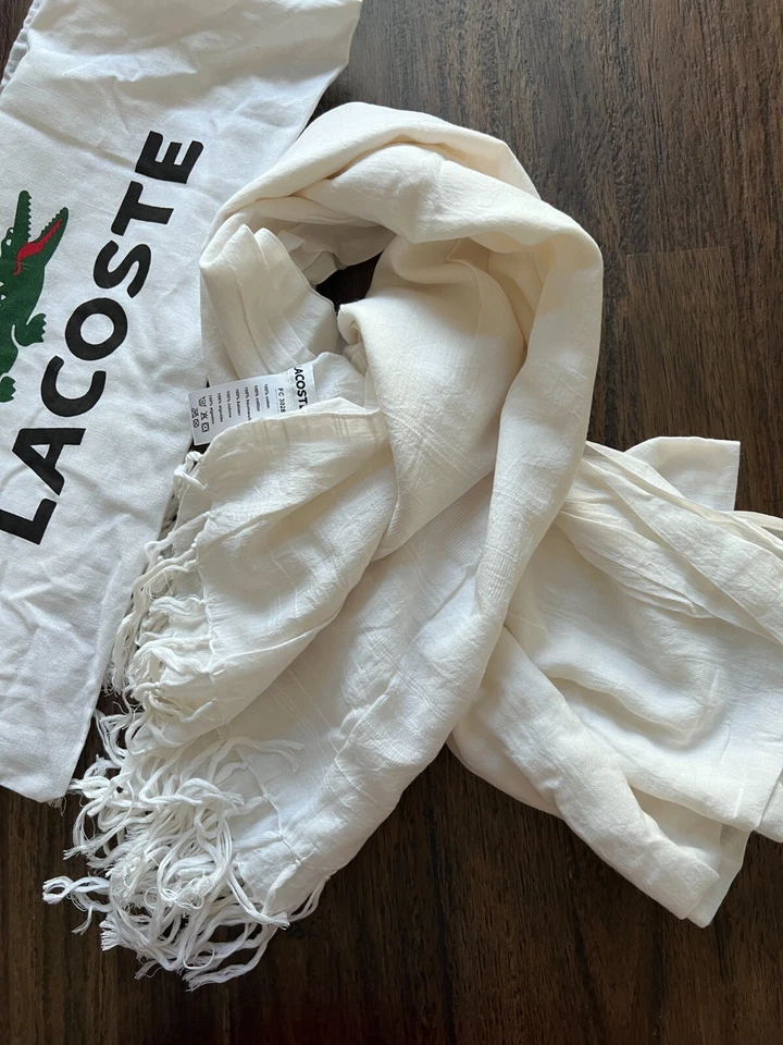 Bufanda blanca 100 % algodón Lacoste NWoT con bolsa antipolvo original (A60345) Foto 2 de 4