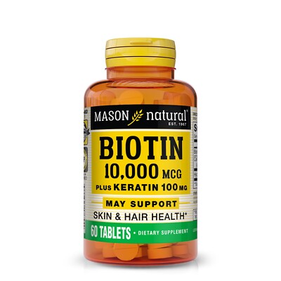 Mason Natural Biotin 10000 mcg plus Keratin - Healthy Hair Nails & Skin, 60 Tabs