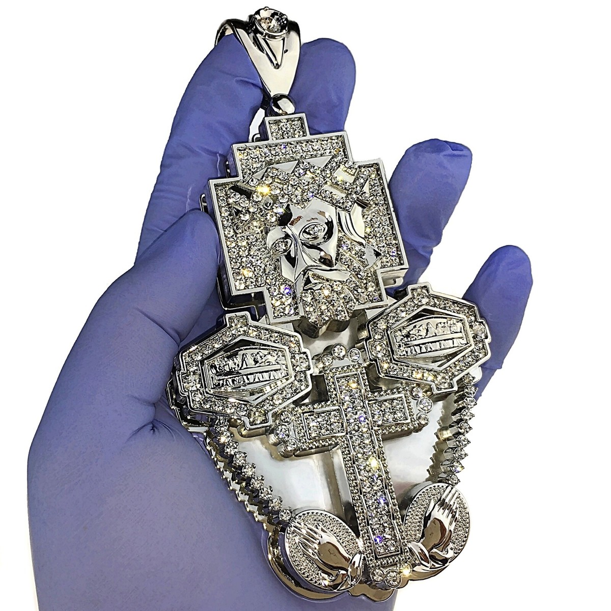 Huge 3D Jesus Combo Head Cross Last Supper Silver Tone Iced