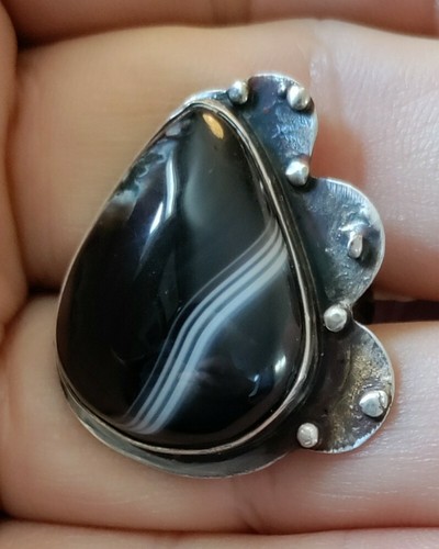 Vtg Navajo Southwest Sterling Silver Black White Banded Agate Size 9~11g Signed - Picture 10 of 12