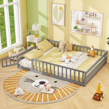 Queen Floor Bed Kids Montessori Bed Frame w/ Full Length Safety Guardrails Gray