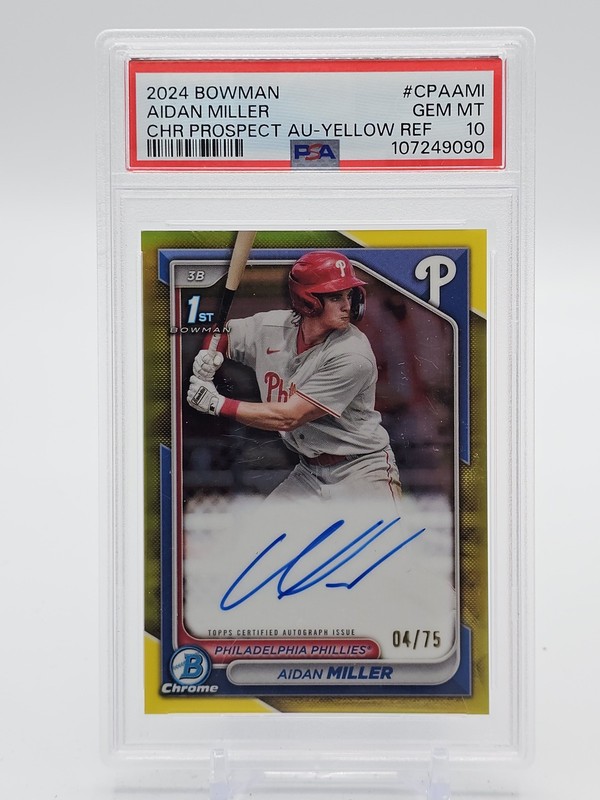 AIDAN MILLER 2024 BOWMAN CHROME 1ST AUTO YELLOW REFRACTOR /75 PSA 10 Q5944