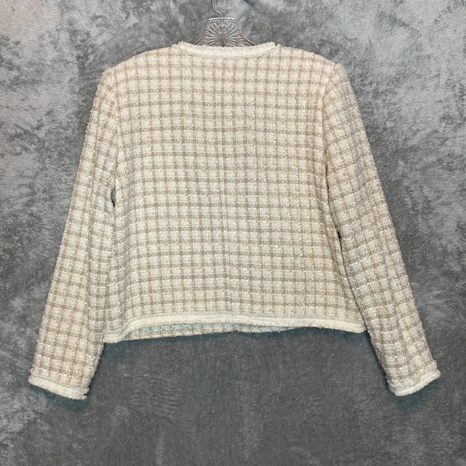 Chaqueta Tahari Mujer Girly Coquette Tweed Mezcla Lana Perla Recortada Frontal L Crema Foto 2 de 4