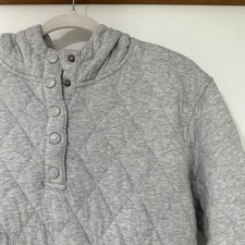 Lands End Quilted Hoodie Womens Small 4-6 Gray Snap Neck Pullover Sweatshirt