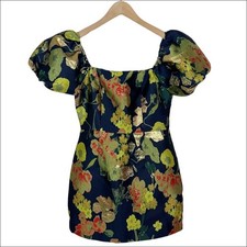 Lulus Floral Jacquard Puff Sleeve Mini Dress in Navy Blue Size Small