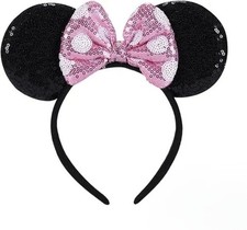 Shiny Pink Bow Sequin Mouse Ears Headband for Birthday, Party, Cosplay, Costume