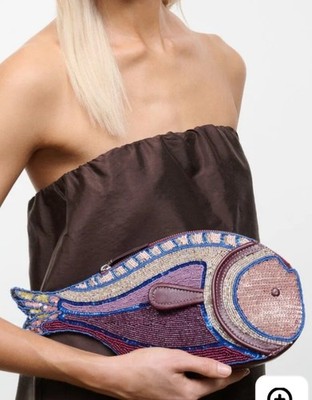 NWT Staud Pesce Fish Beaded & Sequin Clutch Bag Purse in Ultraviolet Purple Pink