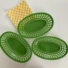 Set 3 Vintage 1990's 2x6x9 Oval Green Plastic Food Burger Picnic Serving Baskets
