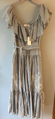 NWT Tory Burch Stripe Eyelet Embroidered Dress Ruffle Off the Shoulders  Size 4 | eBay