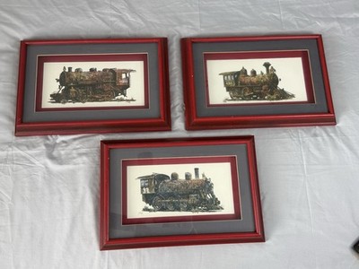 Vintage Steam Locomotive Art Prints Signed J.B. Rivard   Set of 3   Framed 18x12