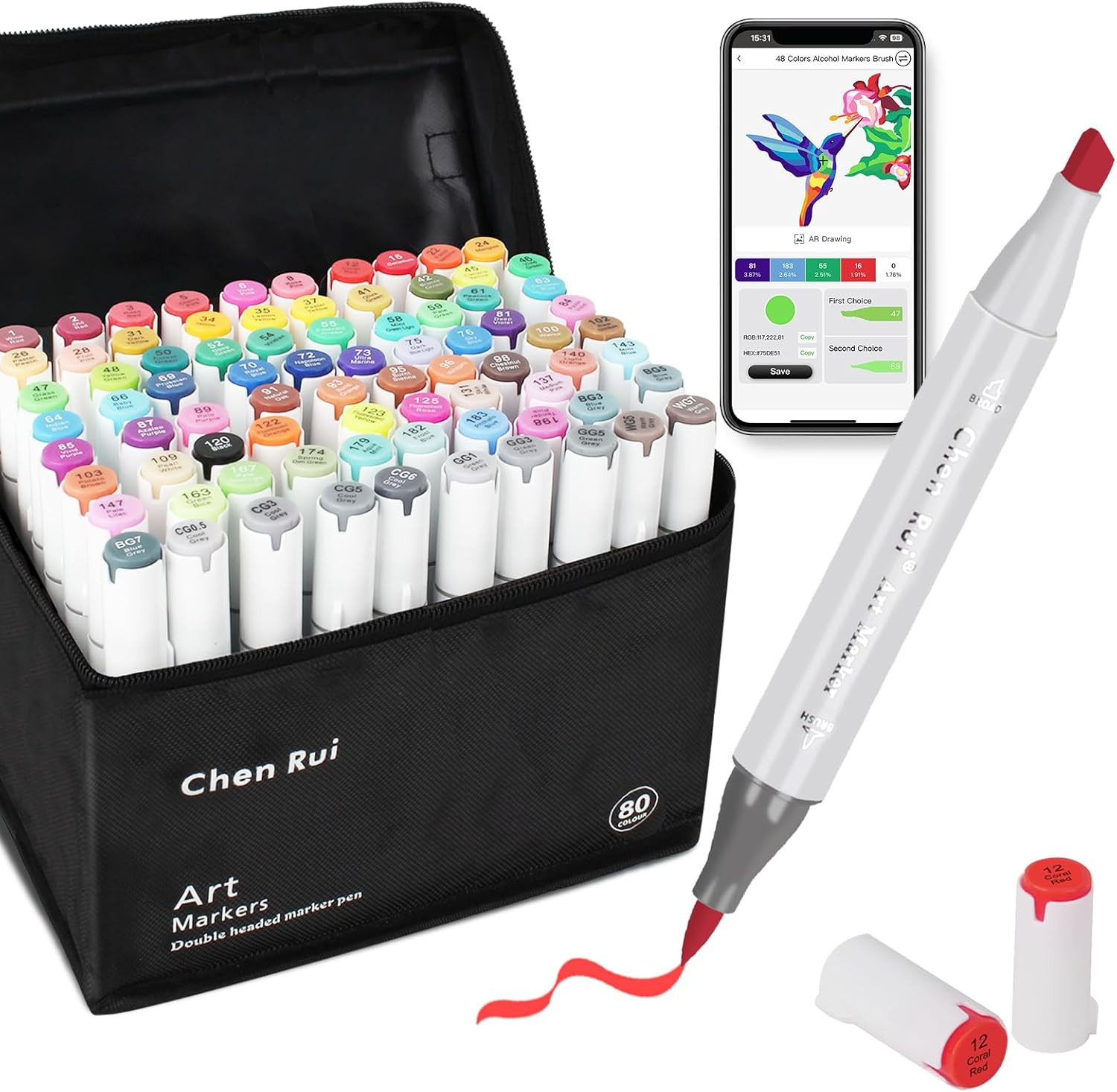 Chen Rui 80 Colours Alcohol Brush Markers with Free App, Brush and Chisel Tip Al