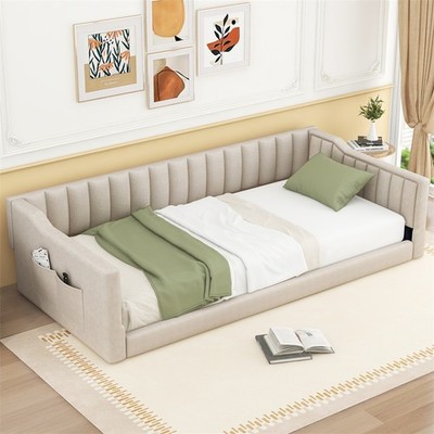 Twin XL Size Upholstery Daybed w/Side Storage Pocket Modern Wood Sofe Bed Frame 