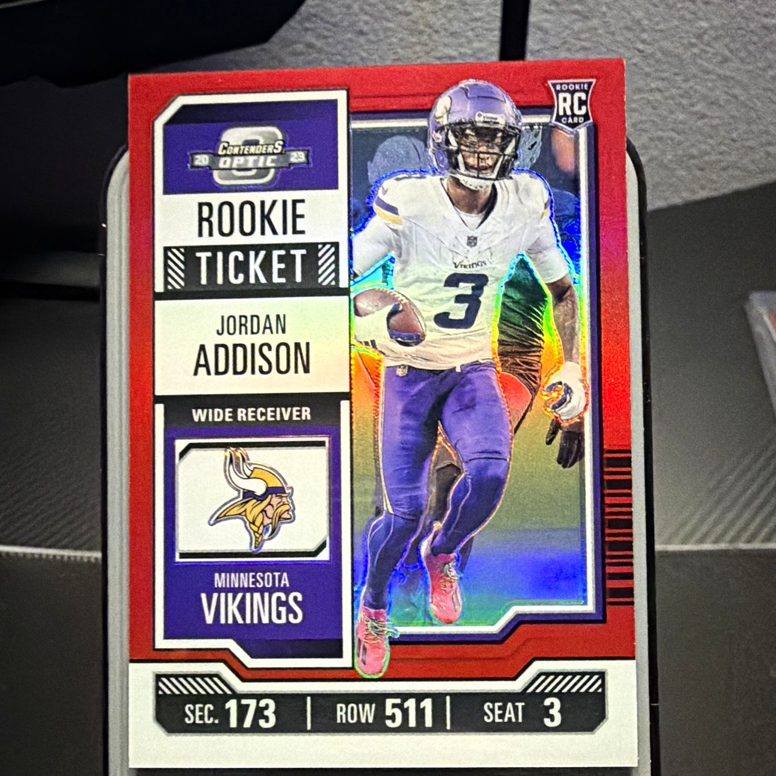 Panini 2023 Contenders Optic Jordan Addison Vikings Rookie Ticket #78 Red /175
