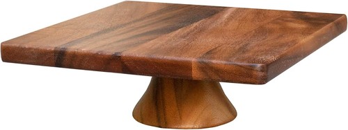 Villa Acacia Wood Cake Stand, 11" Square Display w/ Wooden Pedestal, Small