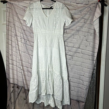 Bridal Chic Coastal Prairie Cottagecore Flowy White Eyelet High Low Dress Sz 10